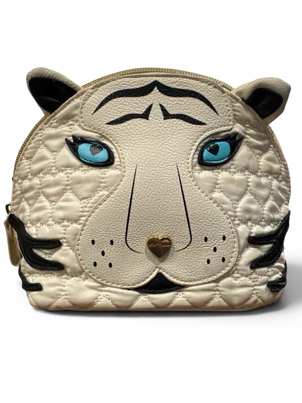 Betsey Johnson Cream Quilted Tiger Face Cosmetic Bag with Blue Eyes
